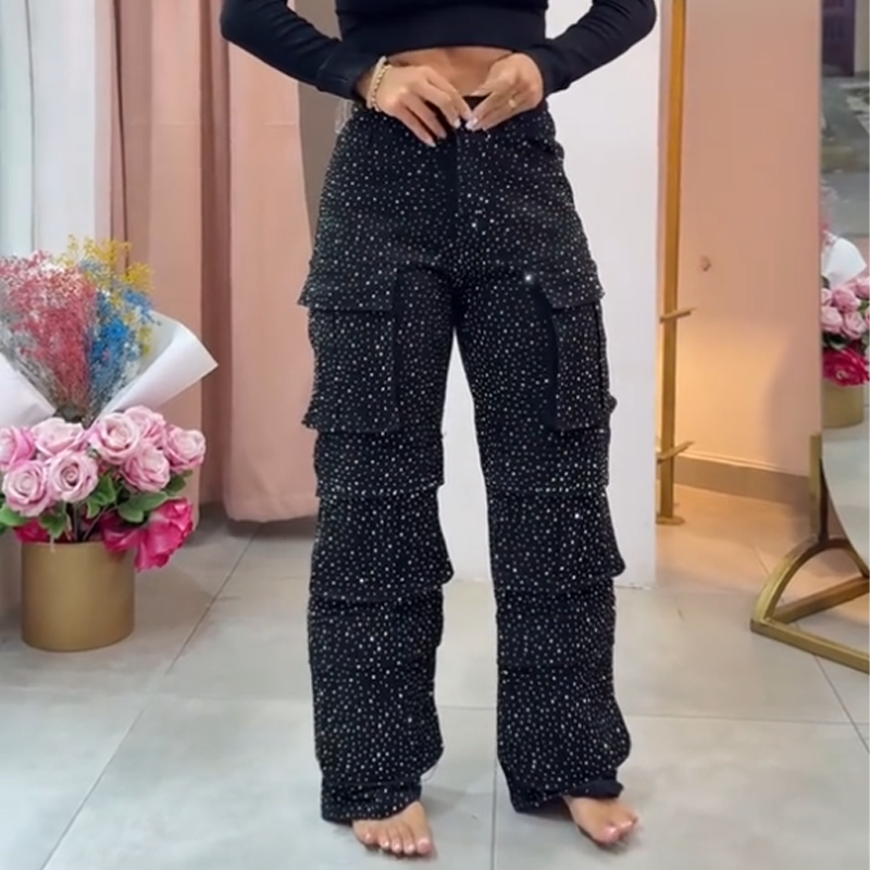 ⏳Time-limited Special⏰Women's Rhinestone Wide-Leg Pants with Pockets
