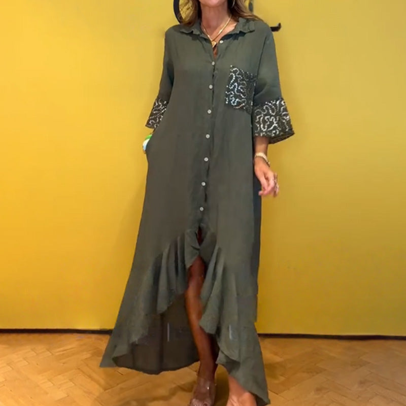 ⏳Limited Time Offer⏰Women's Button-Down Shirt Dress with Ruffle Hem