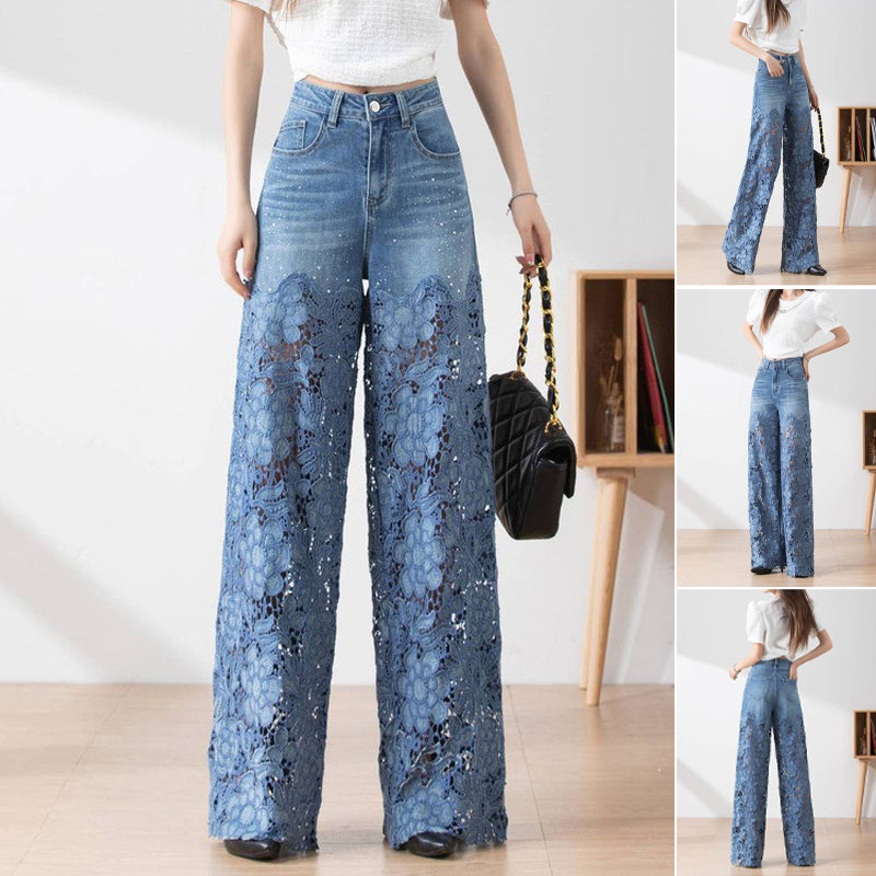 🔥 Summer Sale🔥 Women's High-Waisted Blue Denim Wide-Leg Pants (Hollow-out Lace Panels)