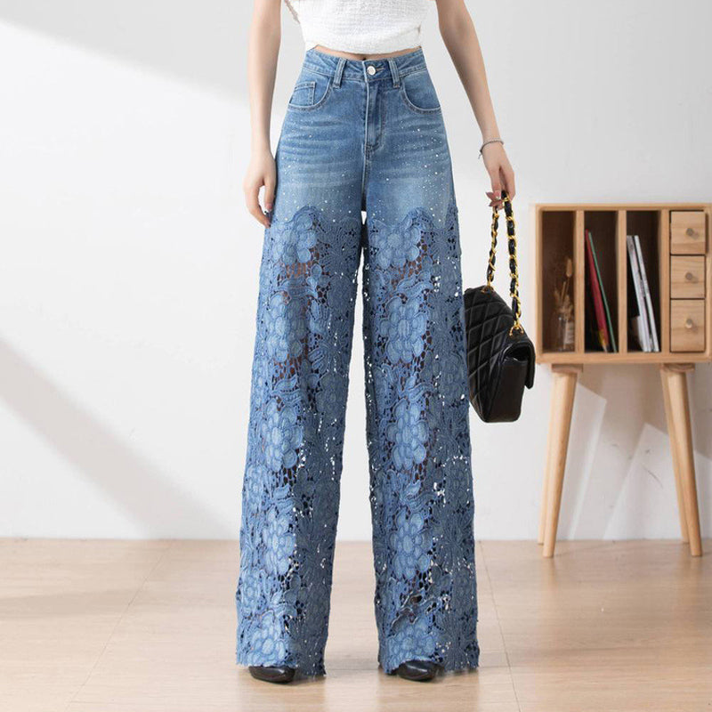 🔥 Summer Sale🔥 Women's High-Waisted Blue Denim Wide-Leg Pants (Hollow-out Lace Panels)
