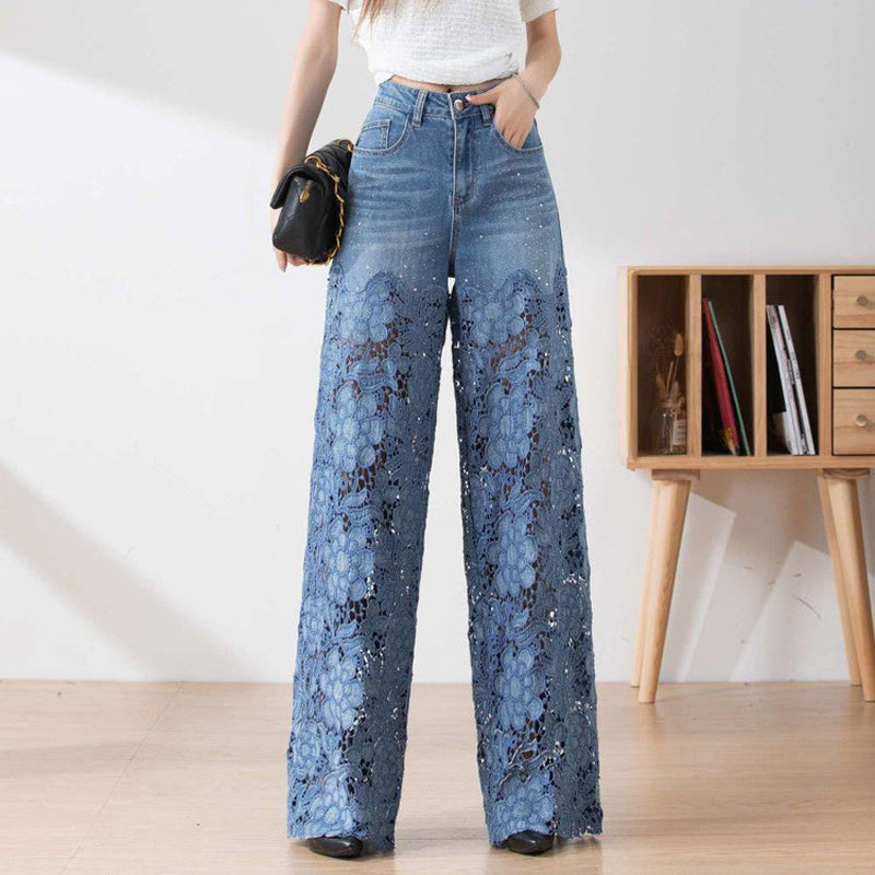🔥 Summer Sale🔥 Women's High-Waisted Blue Denim Wide-Leg Pants (Hollow-out Lace Panels)