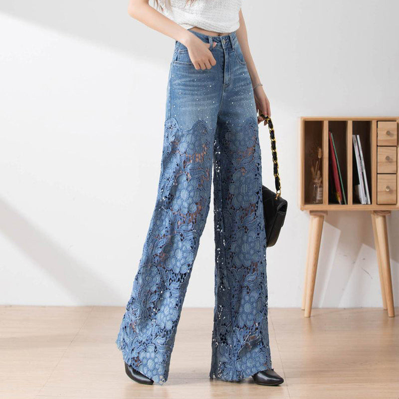 🔥 Summer Sale🔥 Women's High-Waisted Blue Denim Wide-Leg Pants (Hollow-out Lace Panels)