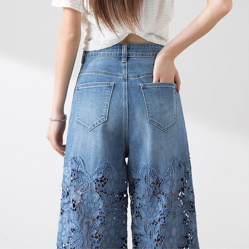 🔥 Summer Sale🔥 Women's High-Waisted Blue Denim Wide-Leg Pants (Hollow-out Lace Panels)