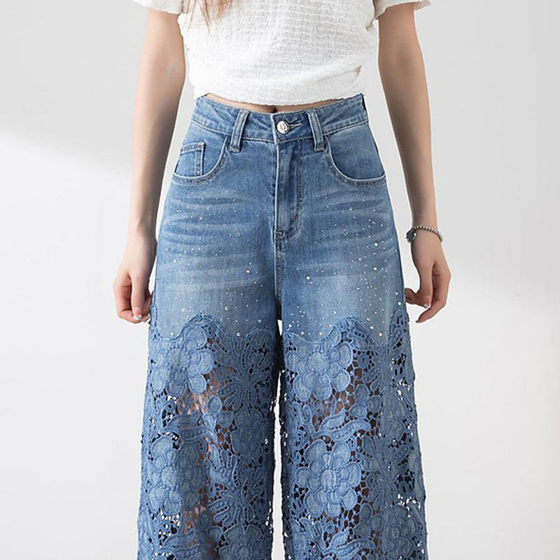 🔥 Summer Sale🔥 Women's High-Waisted Blue Denim Wide-Leg Pants (Hollow-out Lace Panels)