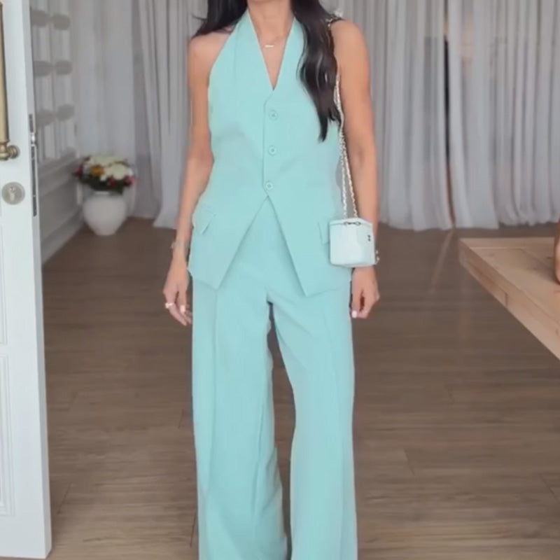 Women's Halter Vest & Wide Leg Pants Set