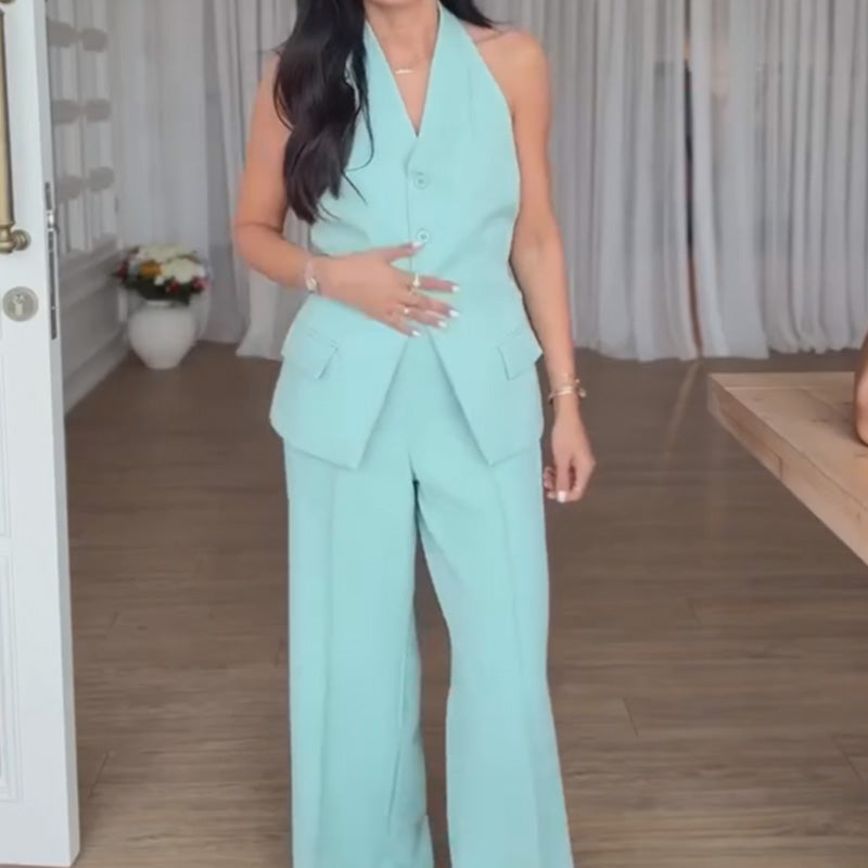 Women's Halter Vest & Wide Leg Pants Set