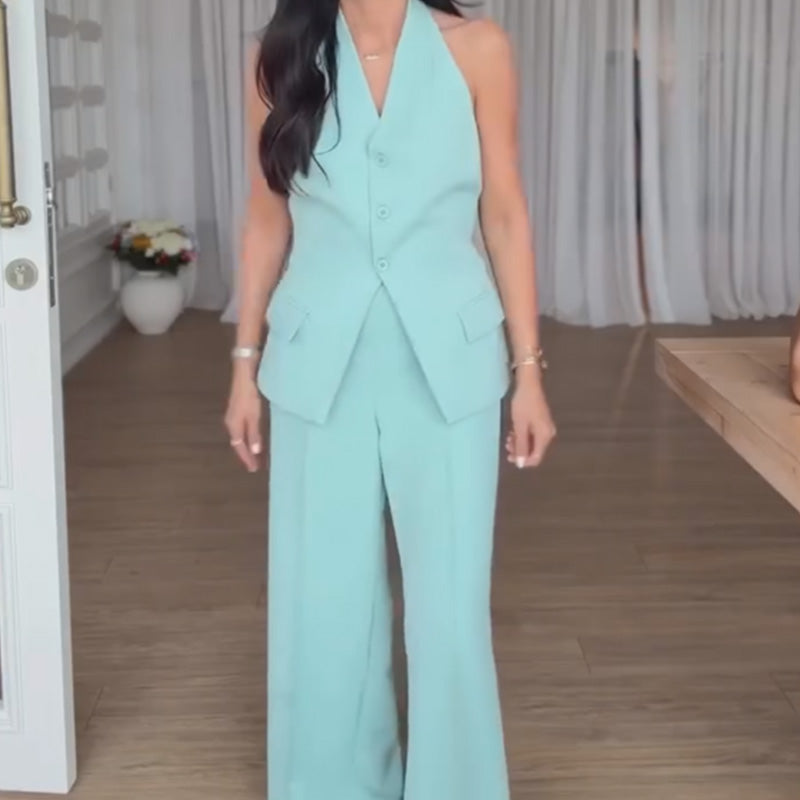 Women's Halter Vest & Wide Leg Pants Set