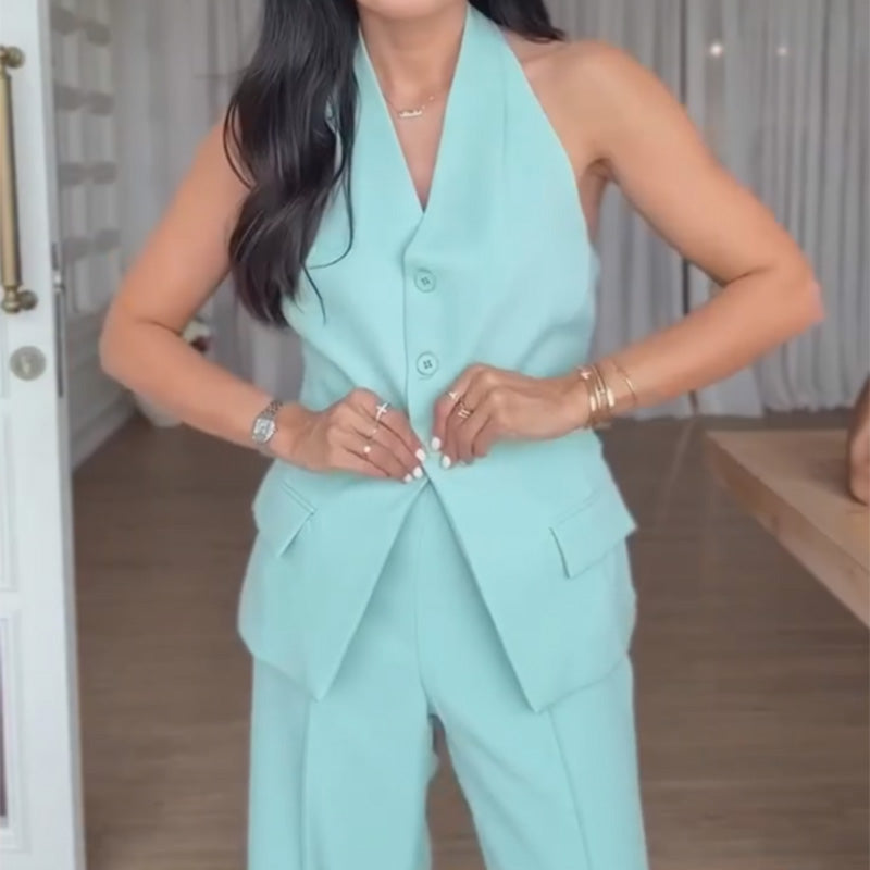 Women's Halter Vest & Wide Leg Pants Set