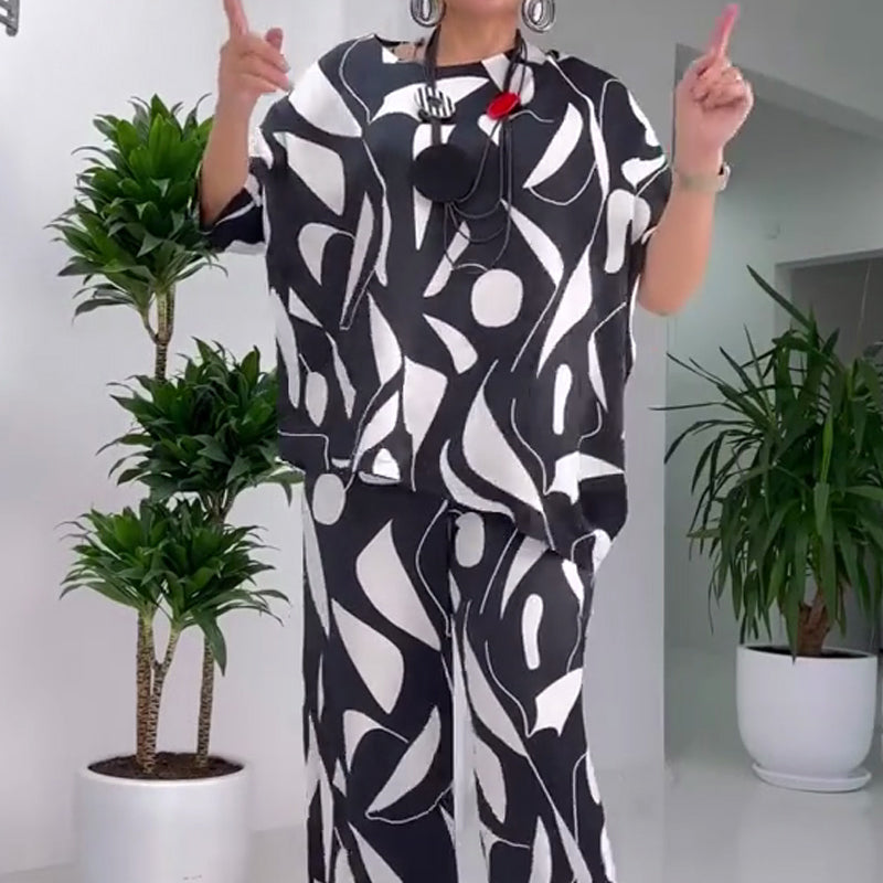 Casual Round-Neck Printed Top & Pants Set