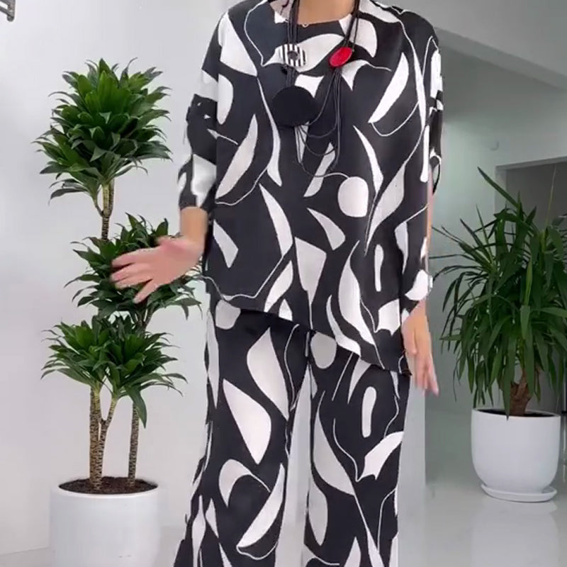 Casual Round-Neck Printed Top & Pants Set