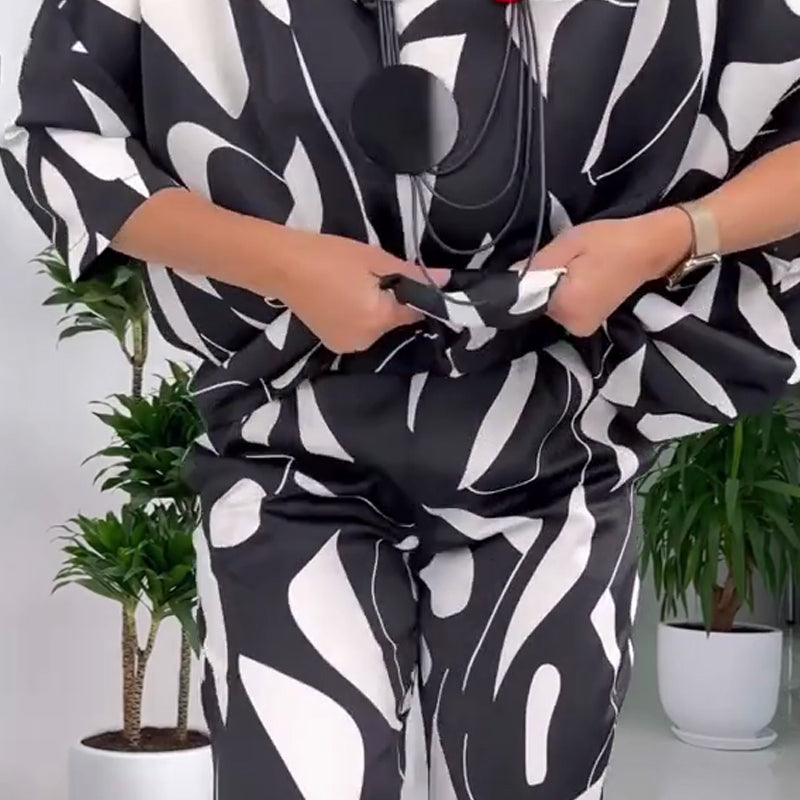 Casual Round-Neck Printed Top & Pants Set