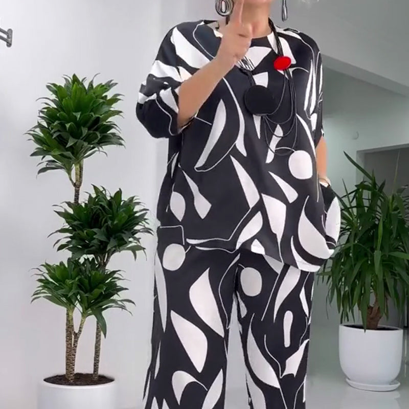 Casual Round-Neck Printed Top & Pants Set