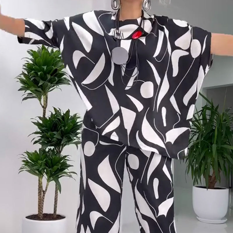 Casual Round-Neck Printed Top & Pants Set