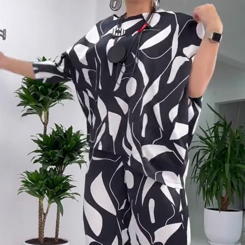 Casual Round-Neck Printed Top & Pants Set
