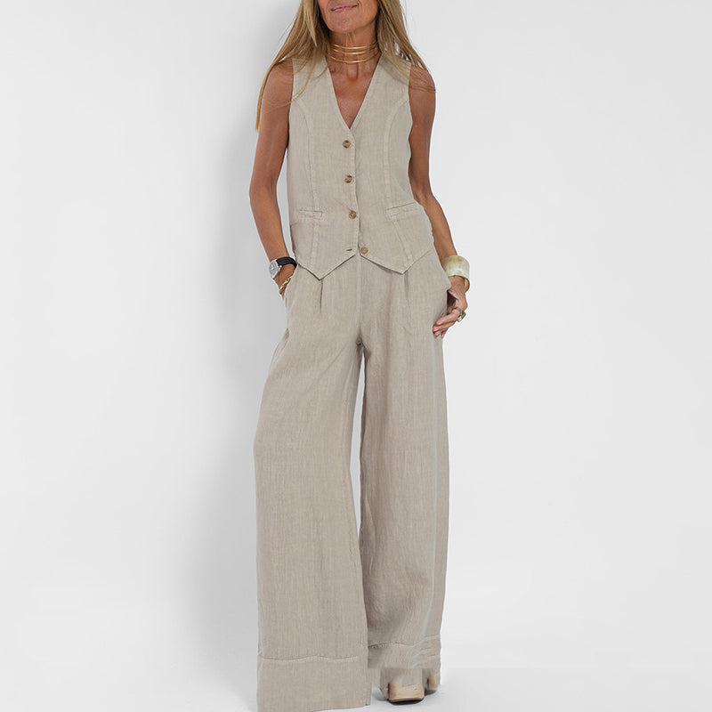 Women's Two-Piece Linen Vest and Wide-Leg Pants Set