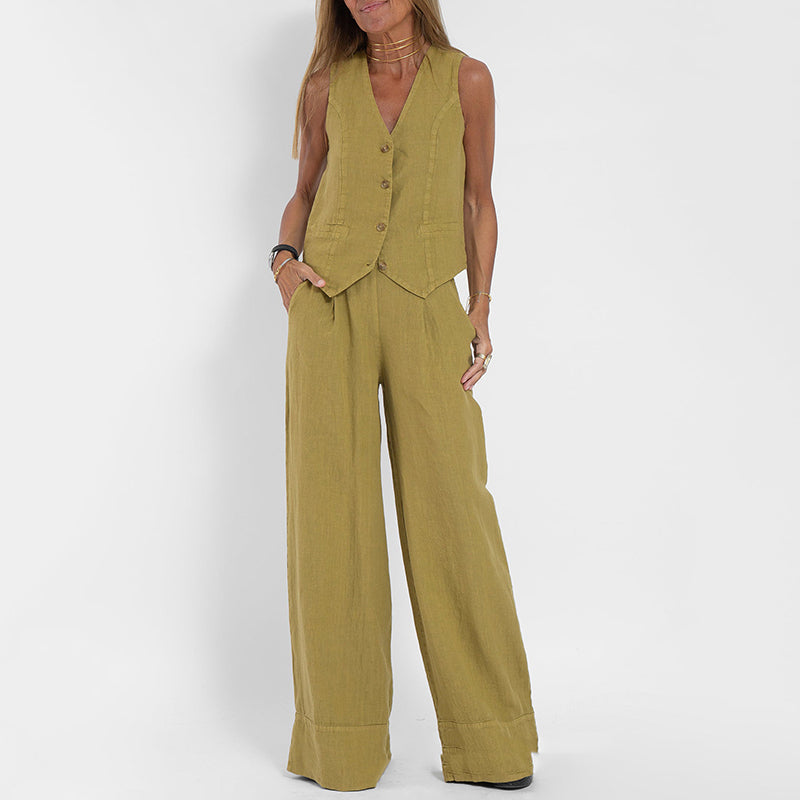 Women's Two-Piece Linen Vest and Wide-Leg Pants Set