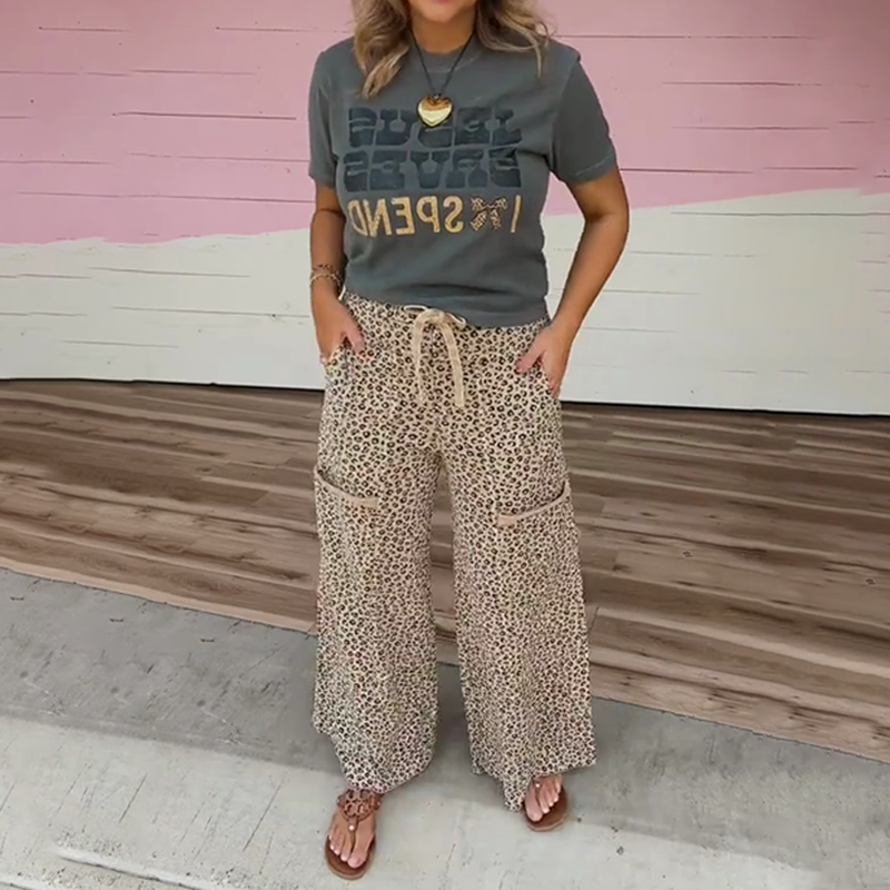 Women’s Fashion Short Sleeve Top & Leopard Print Pants 2-Piece Set