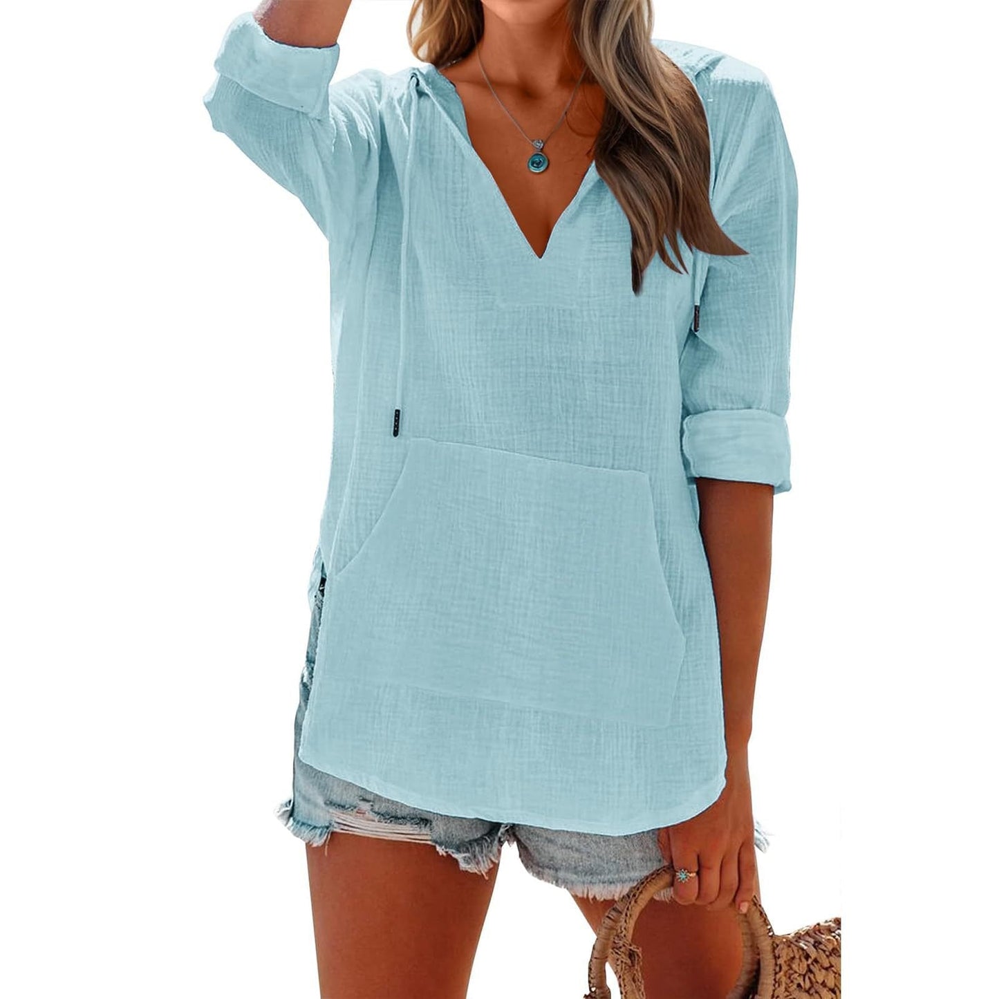 ✨2025 Hot Sale⌛Women's Oversized Hooded Beach Cover Up - Long Sleeve V-Neck Pocket Shirt