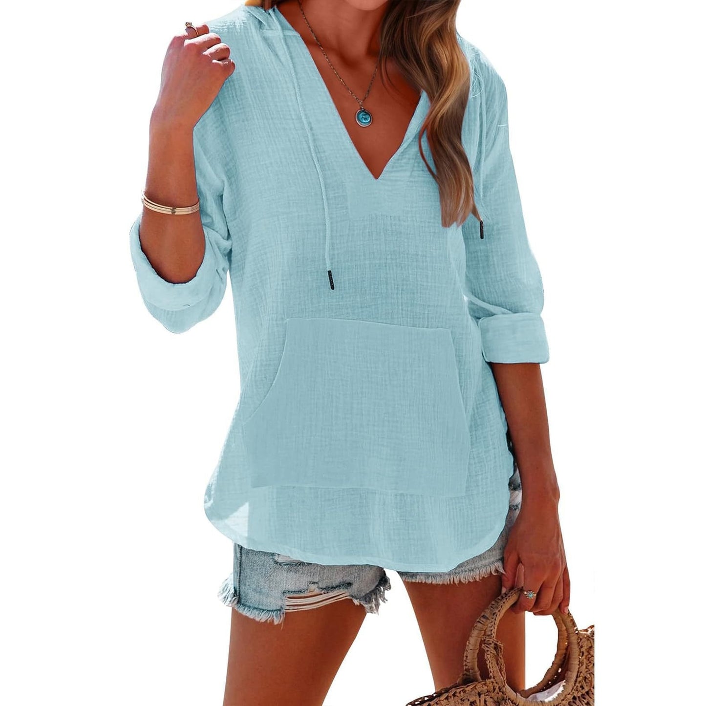 ✨2025 Hot Sale⌛Women's Oversized Hooded Beach Cover Up - Long Sleeve V-Neck Pocket Shirt