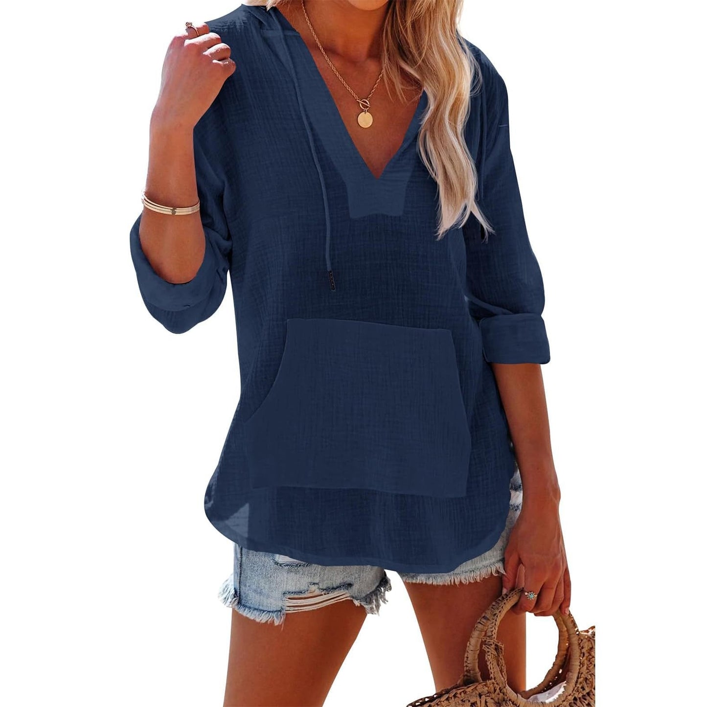 ✨2025 Hot Sale⌛Women's Oversized Hooded Beach Cover Up - Long Sleeve V-Neck Pocket Shirt