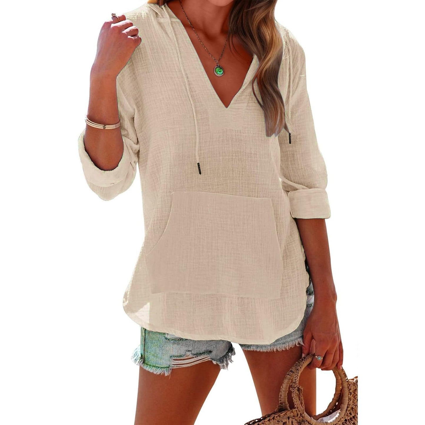 ✨2025 Hot Sale⌛Women's Oversized Hooded Beach Cover Up - Long Sleeve V-Neck Pocket Shirt