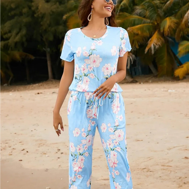 Damesgedrukte top- en broek slaapkleding set