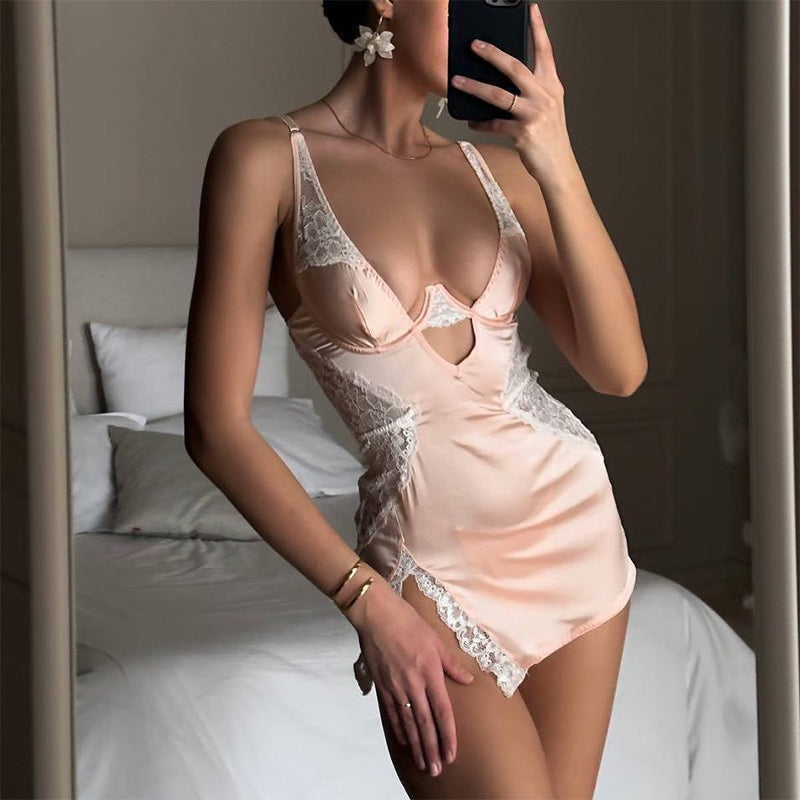 Sexy Lace Spaghetti Strap Dress Thong 2-Piece Set