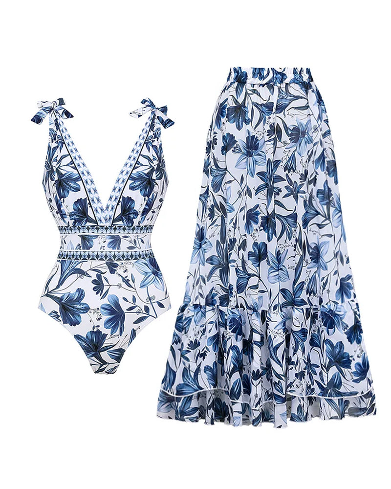 🌸Spring Specials💐 V Neck Lace Up Printed One Piece Swimsuit and Skirt