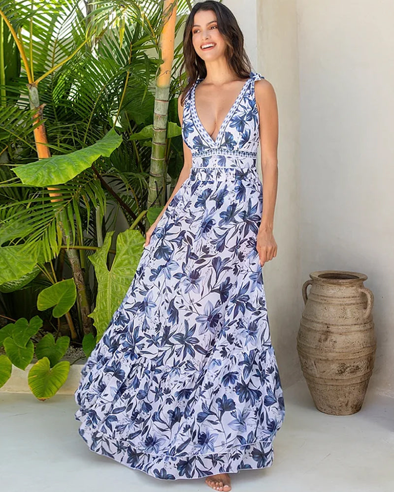 🌸Spring Specials💐 V Neck Lace Up Printed One Piece Swimsuit and Skirt