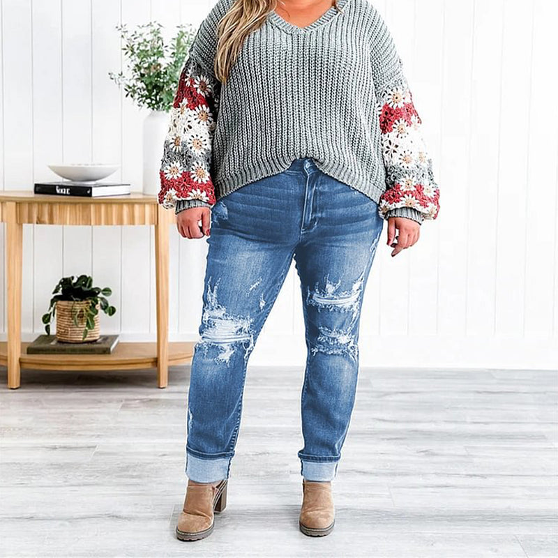 🌸Limited Time 50% Off💕Women's Tummy Control Distressed Cuffed Boyfriend Jeans