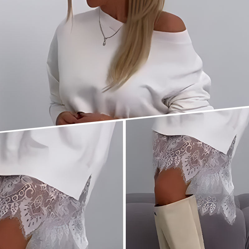 🌸Spring Specials🌸Lace Trim Split Loose Fit Mid-Length Sweatshirt