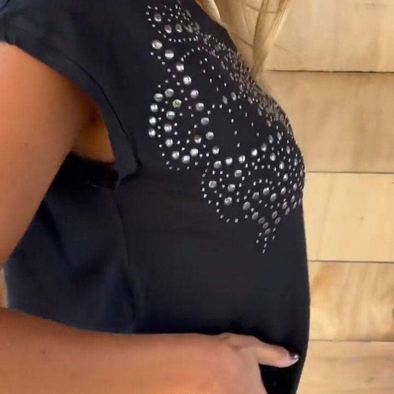 🔥Big price reduction！🔥Women's Solid Colour Short Sleeve T-shirt With Hot Print And Frayed Hem