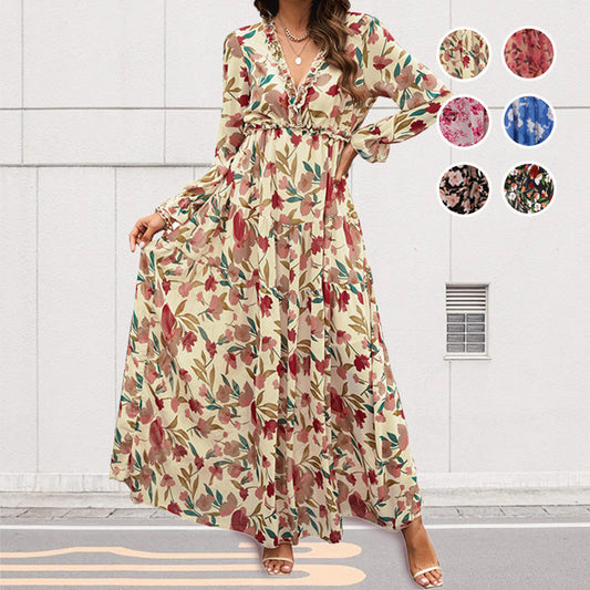 💞Spring New Arrival💞Women's Floral V-Neck Long Sleeve Flowy Dress