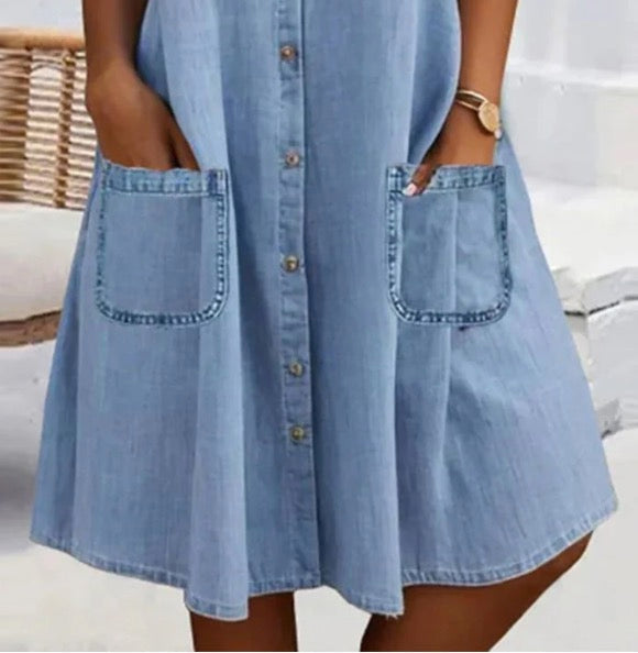 🎁Limited time 50% OFF⏳Blue Plain Collared Lace Trim Denim MIni Dress
