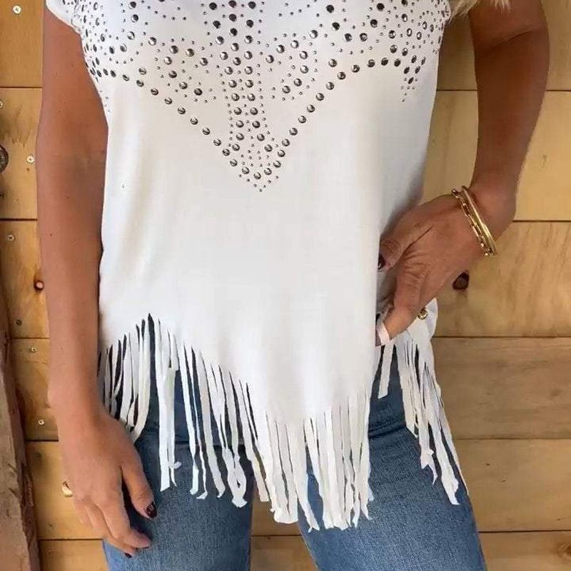 🔥Big price reduction！🔥Women's Solid Colour Short Sleeve T-shirt With Hot Print And Frayed Hem