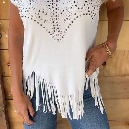 🔥Big price reduction！🔥Women's Solid Colour Short Sleeve T-shirt With Hot Print And Frayed Hem