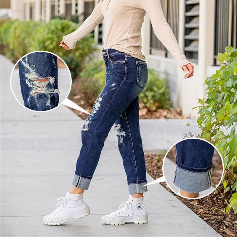 🌸Limited Time 50% Off💕Women's Tummy Control Distressed Cuffed Boyfriend Jeans