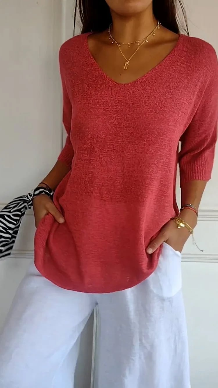 💖50% OFF💖Solid Color Knitted V-neck Top - Cozy and Stylish!