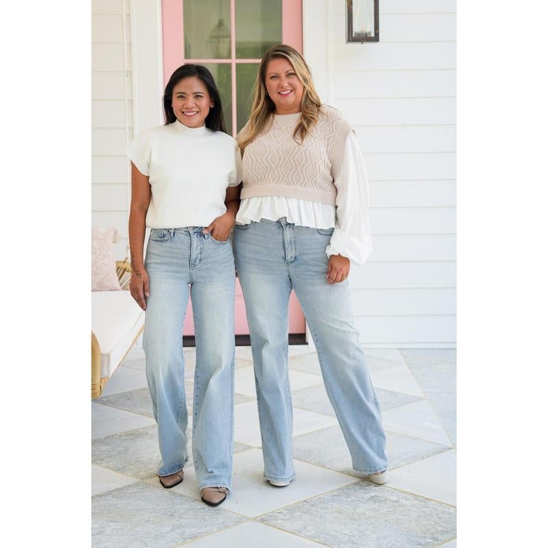 ⏰LIMITED DAYS 50% OFF💥High Rise Vintage Wash Tummy Control Top Straight Leg Jeans