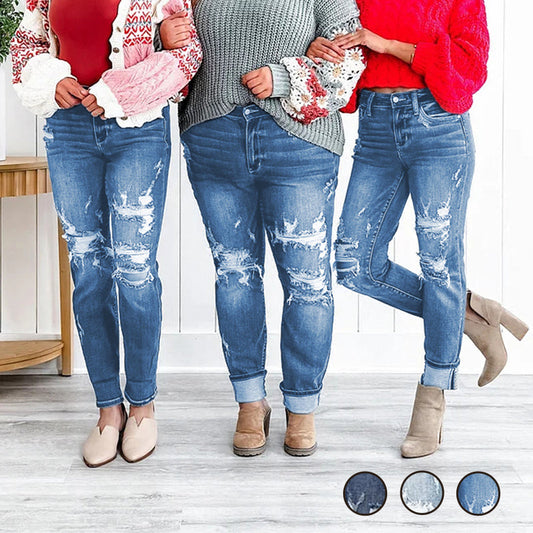🌸Limited Time 50% Off💕Women's Tummy Control Distressed Cuffed Boyfriend Jeans