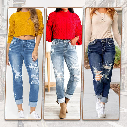 🌸Limited Time 50% Off💕Women's Tummy Control Distressed Cuffed Boyfriend Jeans