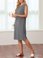 💙LAST DAY SALE 50% OFF💙Women Round Neck Loose Split Wrinkle-Free Midi Dress with Pockets