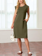 💙LAST DAY SALE 50% OFF💙Women Round Neck Loose Split Wrinkle-Free Midi Dress with Pockets