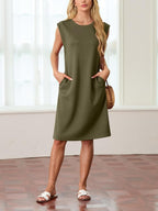 💙LAST DAY SALE 50% OFF💙Women Round Neck Loose Split Wrinkle-Free Midi Dress with Pockets