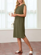 💙LAST DAY SALE 50% OFF💙Women Round Neck Loose Split Wrinkle-Free Midi Dress with Pockets