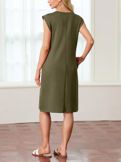 💙LAST DAY SALE 50% OFF💙Women Round Neck Loose Split Wrinkle-Free Midi Dress with Pockets
