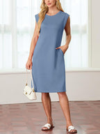 💙LAST DAY SALE 50% OFF💙Women Round Neck Loose Split Wrinkle-Free Midi Dress with Pockets