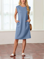 💙LAST DAY SALE 50% OFF💙Women Round Neck Loose Split Wrinkle-Free Midi Dress with Pockets