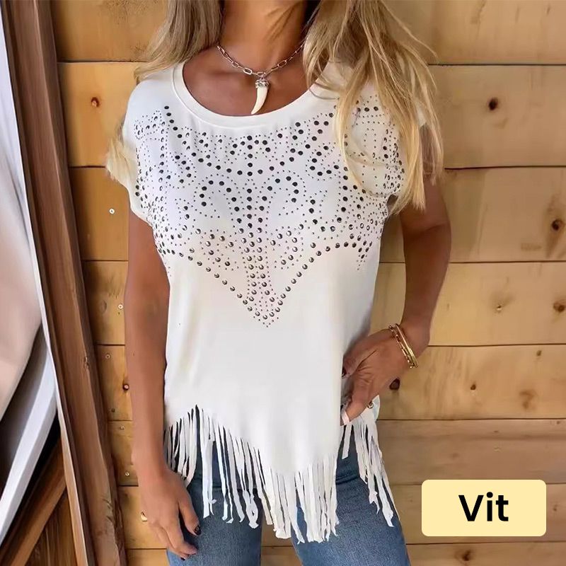 🔥Big price reduction！🔥Women's Solid Colour Short Sleeve T-shirt With Hot Print And Frayed Hem