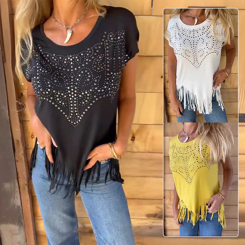 🔥Big price reduction！🔥Women's Solid Colour Short Sleeve T-shirt With Hot Print And Frayed Hem
